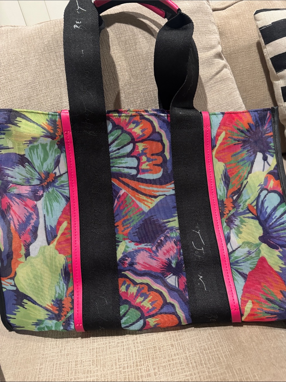 Betsy Johnson Floral Multicolor Canvas Tote with Pink Trim